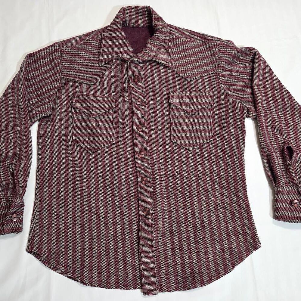 VINTAGE MENS MEDIUM 60'S 70'S POLY HEAVY LS SHIRT WING COLLAR RED BAJA STRIPE